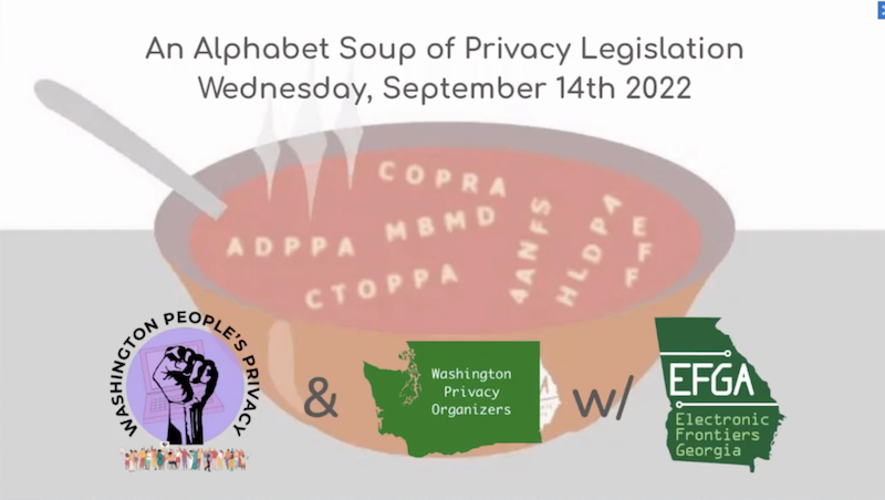 A bowl of alphabet soup, and the logos of WA People's Privacy, Washington Privacy Organizers, and EF Georgia