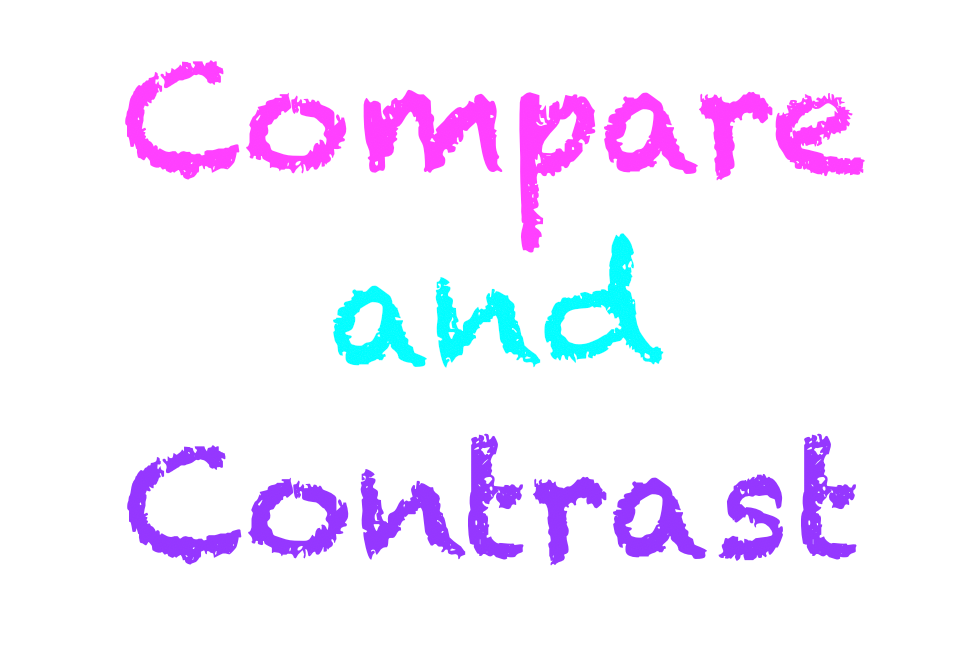 The words "Compare and contrast: in pink, turquoise, and purple