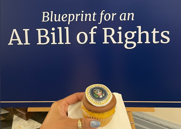 A hand holding a cupcake with the presidential seal, and the words "Blueprint for an AI Bill of Rights"