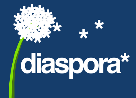 A stylized dandelion with a green stem and white fuzz, along with the word "diaspora*"