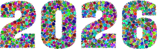 2026, with the numbers made up of multi-colored circles