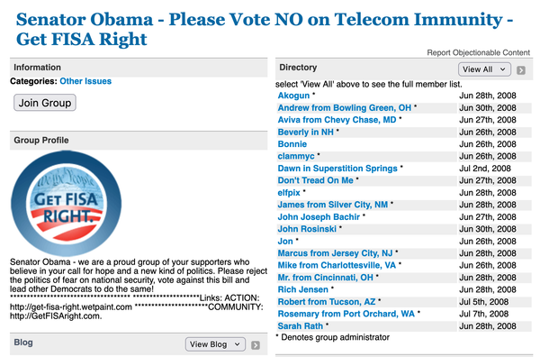A screenshot. At the top: Senator Obama - Please vote NO on Telecom Immunity - Get FISA Right. Below, the Get FISA Right logo, a list of members, and the group description